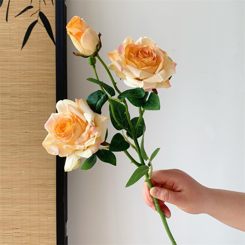 Fiore di Rosa Simulato a 3 Teste, Fiore Secco, Fiore Artificiale, Bouquet, Decorazione per Soggiorno, Oggetti di Scena per Foto
