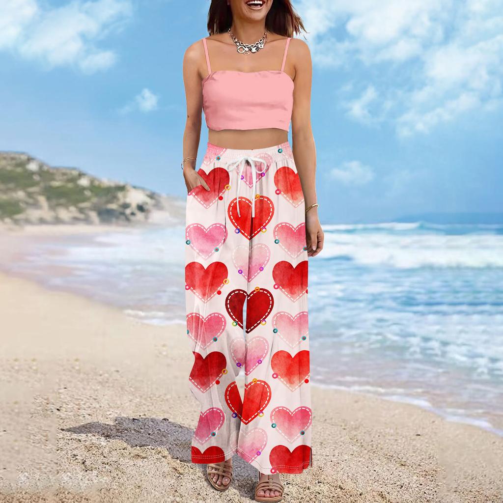 Pantaloni largi cu talie înaltă pentru femei, stil boho de vară, stil palazzo, cu imprimeu, casual, cu buzunare