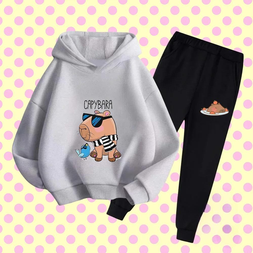 Autumn Winter New Capybara Cartoon Print Outfit Kids Hoodie Set Boys Girls 3-17 Casual Fashion Children's Set Trousers Pant Suit