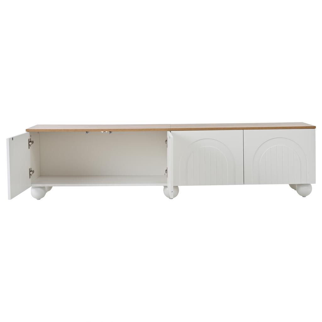180*40*45cm TV Cabinet with 4 Cabinets, TV Cabinet with 6 Ball-Foot Metal Legs, Suitable for TVs around 80 Inches, Wood Color+White