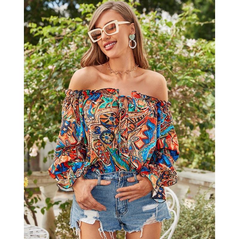 Women S One Shoulder Long Sleeve Printed Casual Shirt