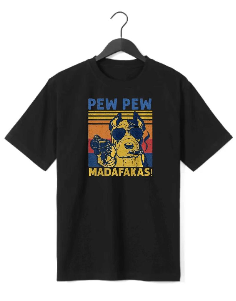 Pew Pew Madafakas funny t-shirt with bulldog & gun