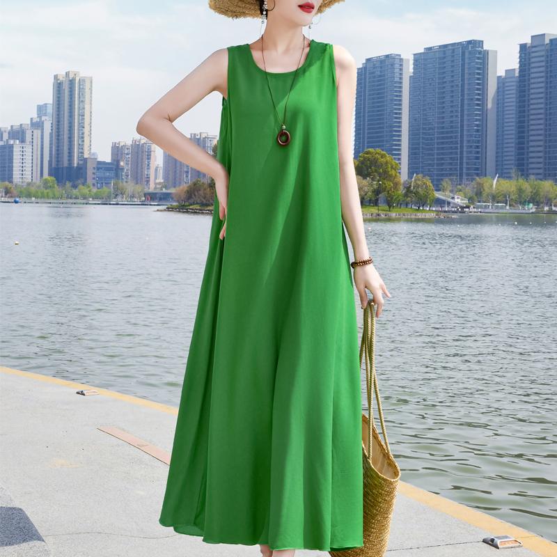 Elegant Sleeveless Dress Summer Fashion Casual Loose Vintage Print Long Dresses for Women Summer Clothes