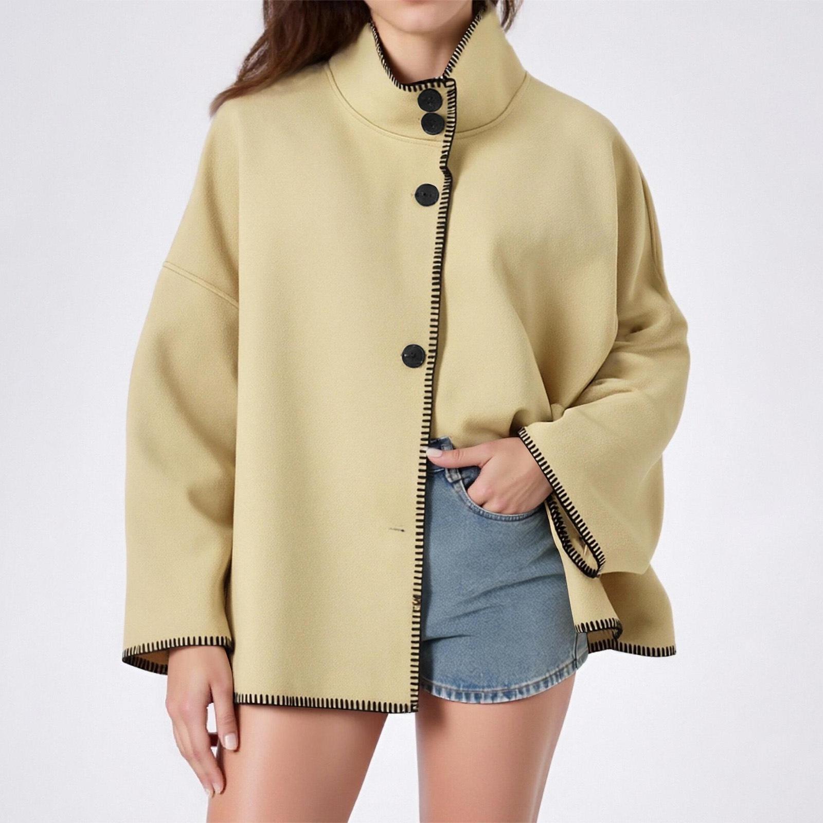 

Women s Stand-up Collar Wool Coat, Loose Fit, Contrasting Stitching, Button Closure, Short Wool Blend Jacket With Pockets. L