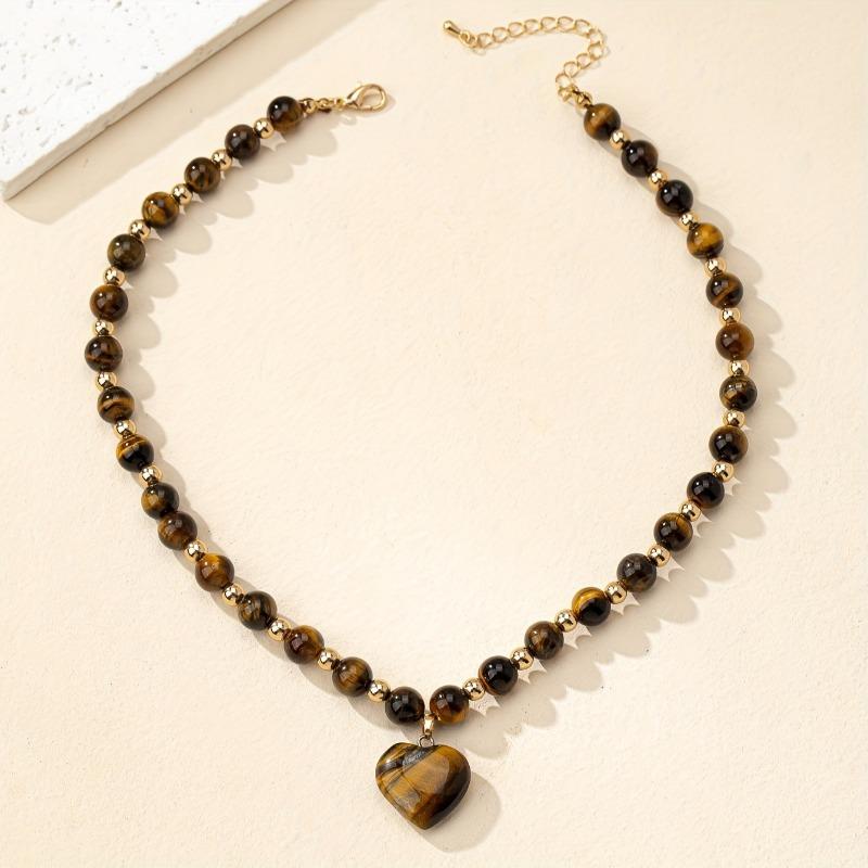 1PC Fashion Maillard Tiger's Eye Necklace Natural Stone Tiger's Eye Stone Love Pendant Necklace Women