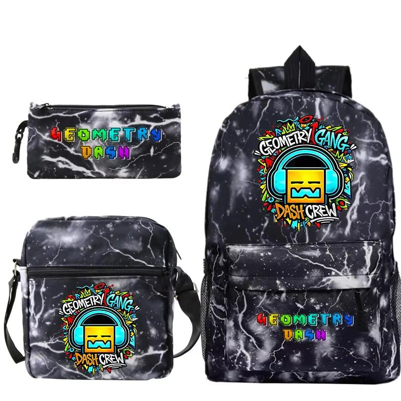 Ensemble 3 pièces Sac à dos Geometry Dash Sac d'école Sac à bandoulière Trousse à crayons Sac à dos léger à fermeture éclair Sac Tendance pour Adolescent Garçon Fille