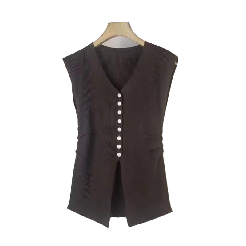 

Французский однотонный трикотажный жилет без рукавов с V-образным вырезом и однобортной застежкой для женщин кофейный