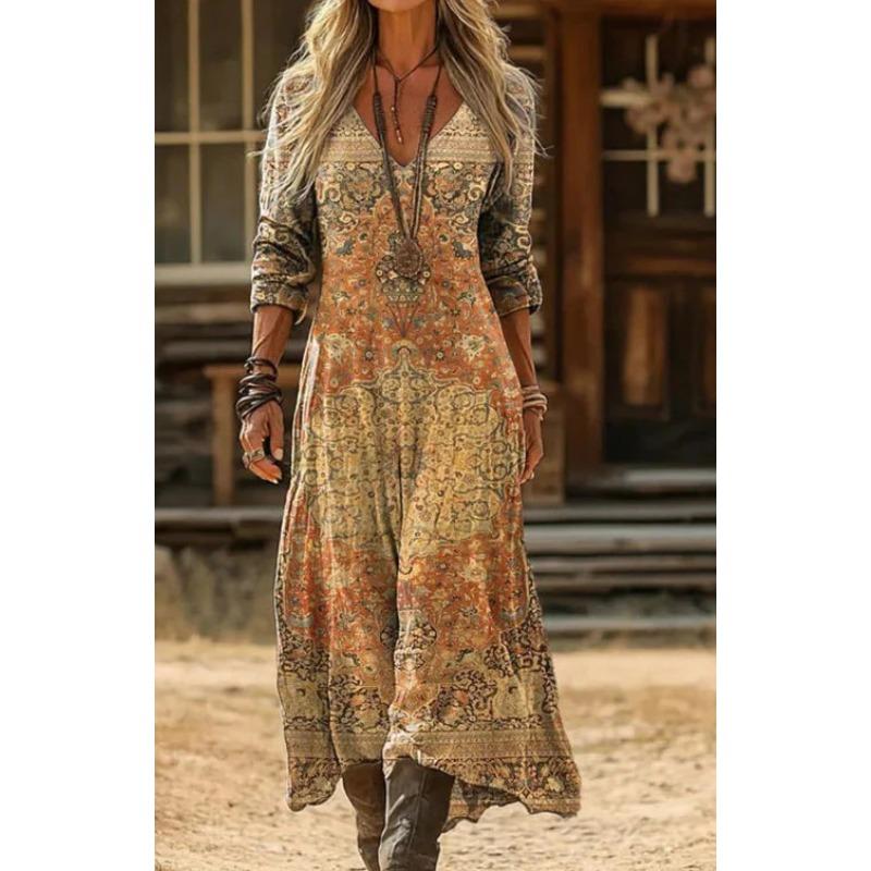 

Creative tie-dye printing women s new V-neck long-sleeved dress medium and long dress 4XL