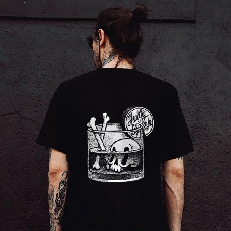 Funn Skull Drinking Beer Graphic Tshirt Men Dark Punk Skull Top Street Rock Hip-Hop Shirt Unisex XS-4XL Tee Roupas Masculinas