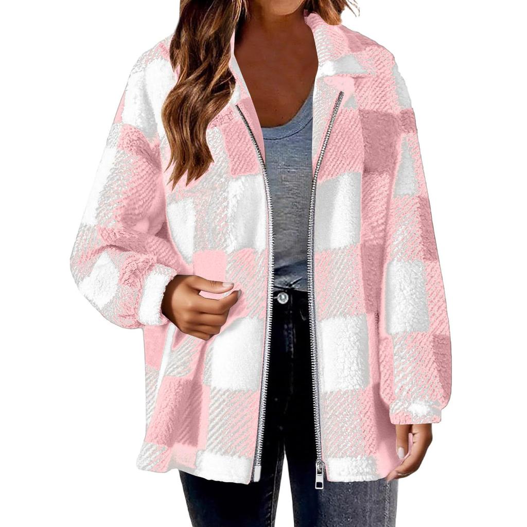 Fashionable Women's Plaid Lambskin Jacket With Pockets Button Plush Coat