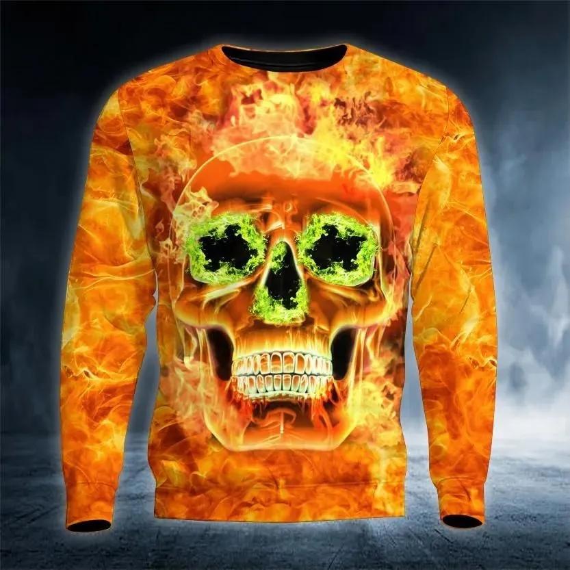 New Men's Autumn Round Neck Long Sleeve T-shirt Retro Skull 3D Pattern Print T Shirts Casual Fashion Tops Men's Clothing Tees