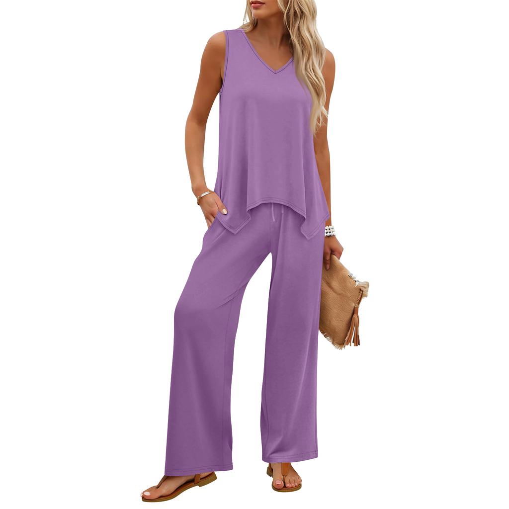 Women Sleeveless Tank Top and Wide Leg Pants Two Piece Set Casual Lounge Wear Travel Vacation Outfit Soft Fabric Relaxed Fit