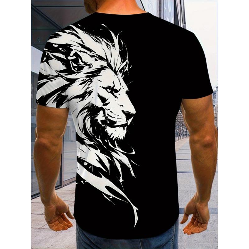 White Lion Sketch Printed T-Shirt for Men Cool Wild Animal King Graphic Short Sleeve Tees Trendy Casual Round Neck Ink Style Hip Hop Streetwear Tops