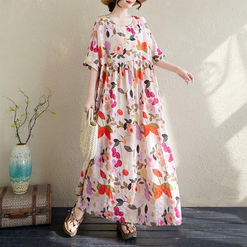 Dámské bavlněné šaty s krátkým rukávem ve vintage květinovém stylu plus size, bohémské, nadměrné, ležérní, volné, dlouhé letní šaty, elegantní oblečení