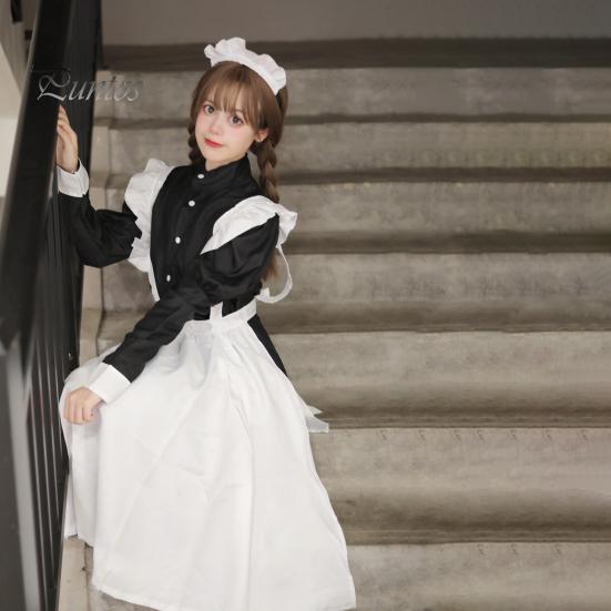 1 Set Maid Cosplay Dress Set Includes Apron Headband Bow And Socks Unisex A-Line Calf-Length Contrast Color Ruffle Dress Parties Photography Servant