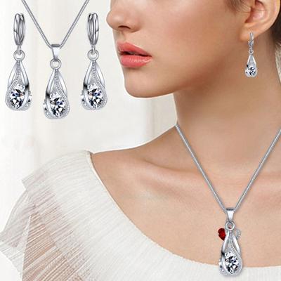 Sølv Dråpe Smykkesett for Kvinner Kubisk Zirkonia Dråpe Hengende Øredobber Og Halskjede