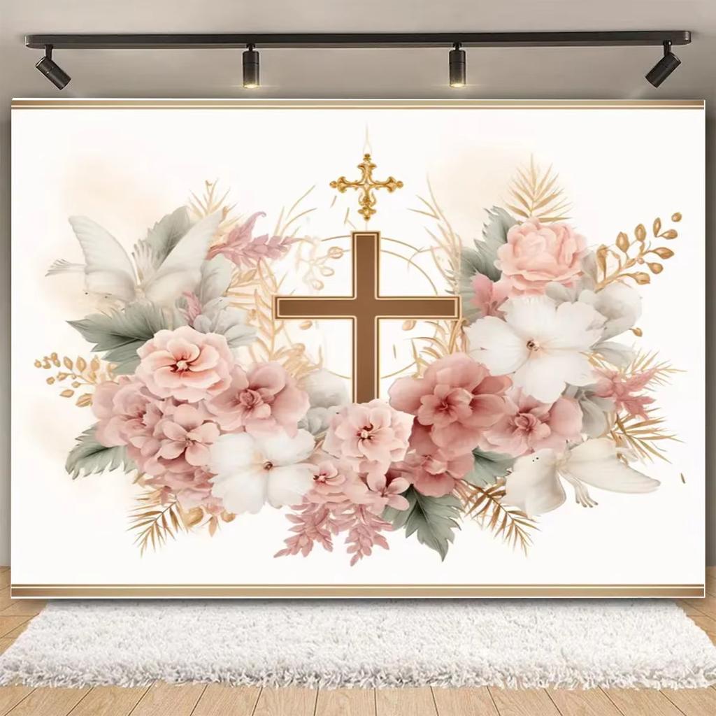 Golden Cross White Dove My First Communion Background Girl Boy Baby Christening Party Baby Shower Decoration Background Props