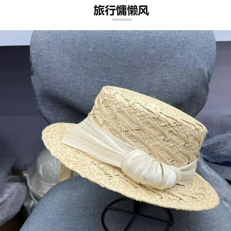 Natural grass flat top Lafite straw hat women's spring and summer sun protection sun hat seaside bucket hat grass woven hat