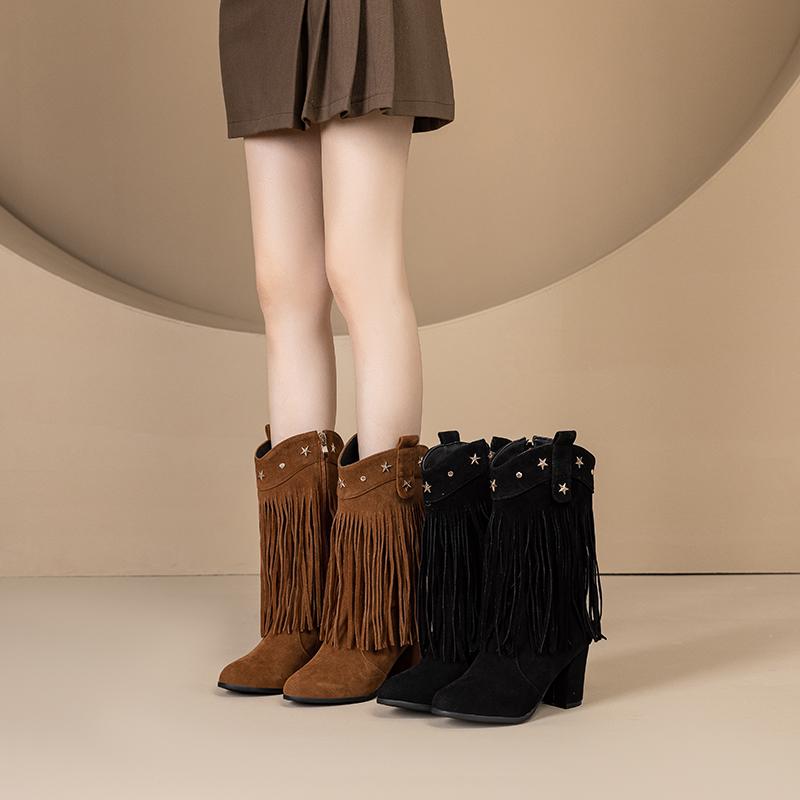 Women's high-heeled short boots autumn and winter new thick-heeled large-size fringed short boots