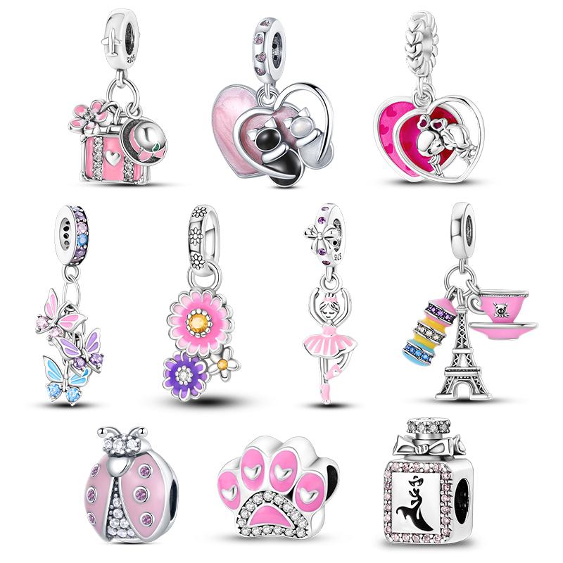

Hot Sale 925 Silver Pink Series Perfume Butterfly Charms Fit Original Bracelets For Women DIY Jewelry Anniversary Gifts