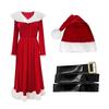 Mrs. Claus Costume Christmas Red Velvet Dress for Women Long Sleeve V Neck Cosplay Outfit with Santa Hat And Belt