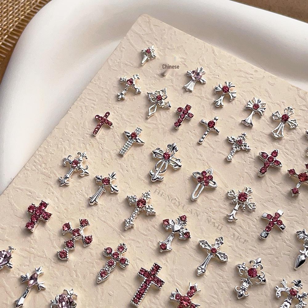 Pink Rhinestone Cross Nail Art Decorations: Multiple Styles of Wearable Metal Nail Accessories