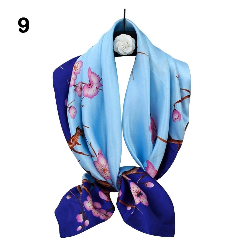 Simple 90*90cm Silk Square Scarf Floral Pattern Soft Hijab Scarf Neckerchief