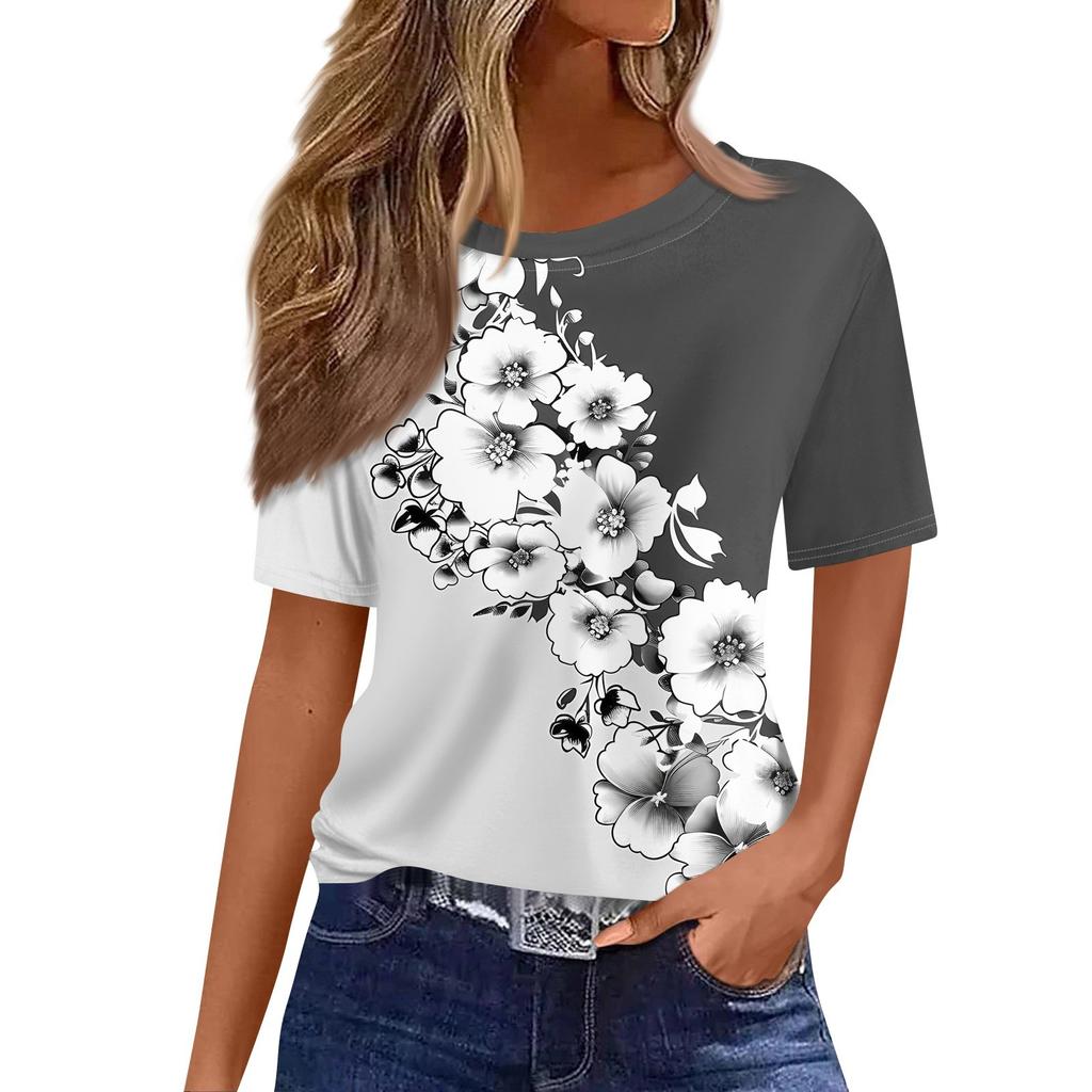 Γυναικείο Μοντέρνο Καθημερινό Μπλουζάκι Πουλόβερ με Μανίκι Κοντό και Εκτύπωση, Στρογγυλή Λαιμόκοψη