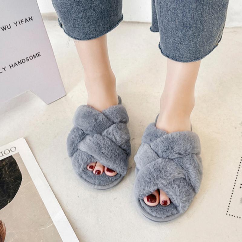 Mesh cross plush slippers, winter plush flat floor mop, exposed toe warm cotton mop