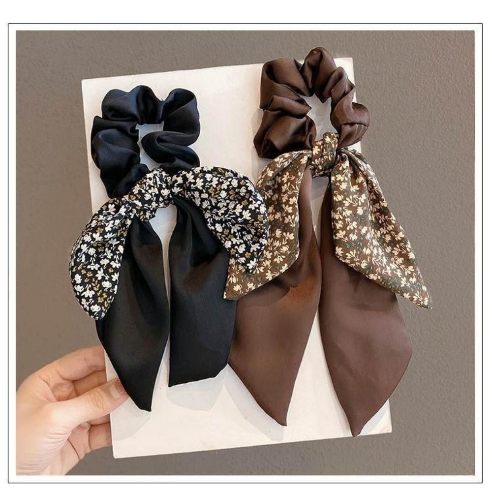 1Pc Vintage Floral Bow Scrunchie, Long Ribbon Hair Accessory for Elegant Hairstyle, Perfect for Date & Party