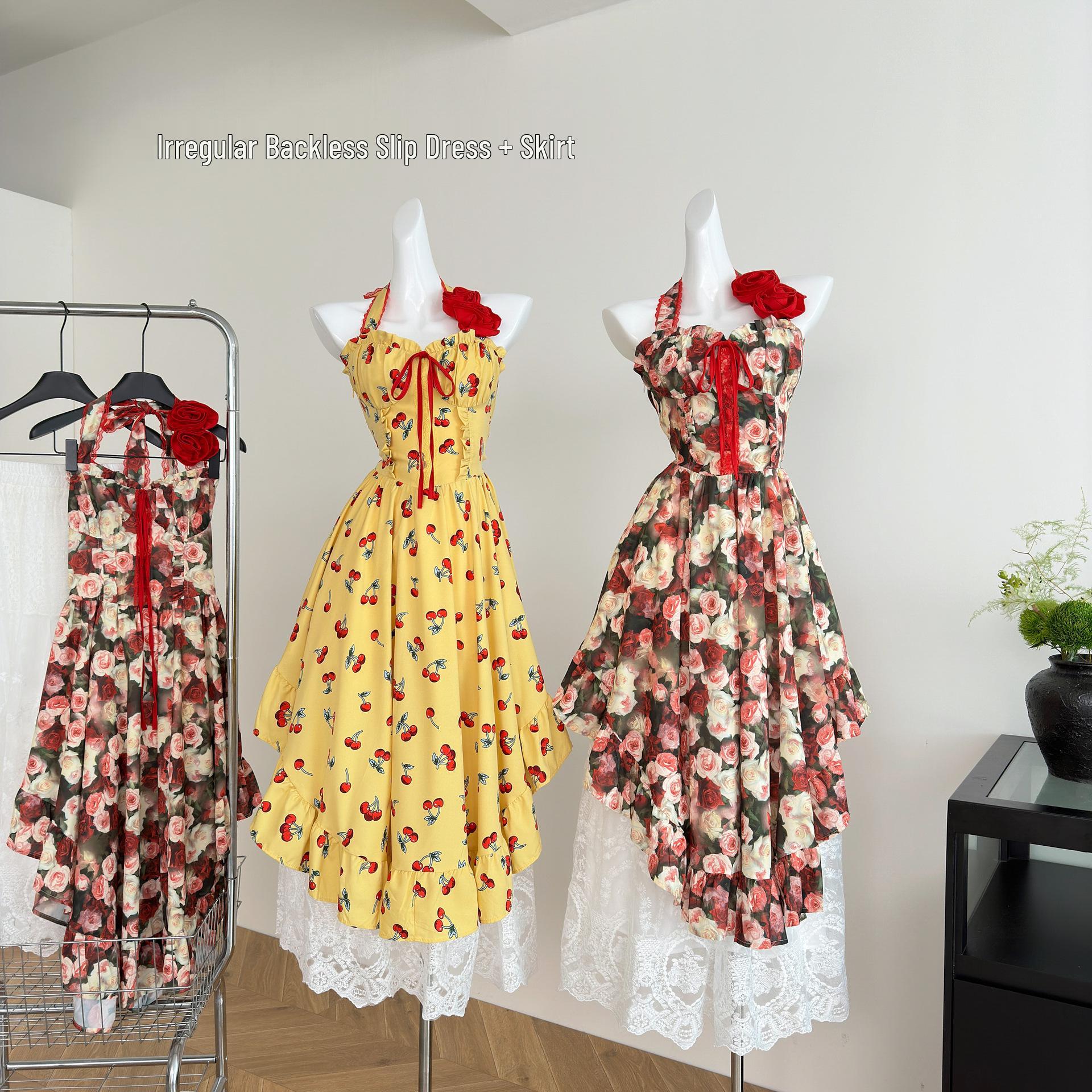 

Tropical Cherry Vacation Style Irregular Backless Camisole Dress & Skirt Set for Women by Xin Xing M [47.5-56 kg]