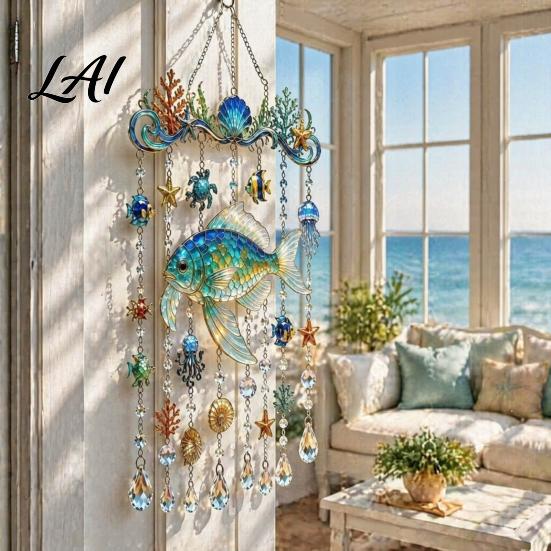 Balcony Hanging Decor Ocean-Themed Wind Chime Decoration Animal Sun Catcher with Faux Crystal Drops Tropical Fish Garden Decoration Stained
