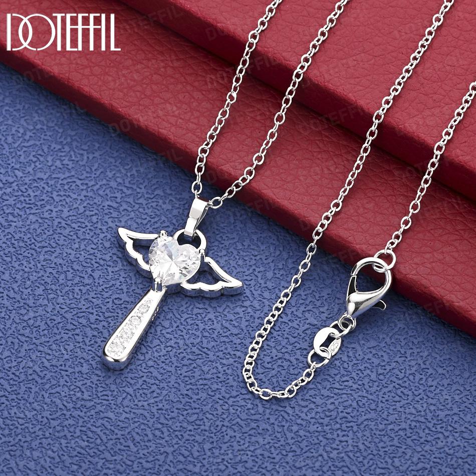 925 Sterling Silver Fashion Jewelry Heart-Shaped AAA Zircon Cross Pendant Necklace