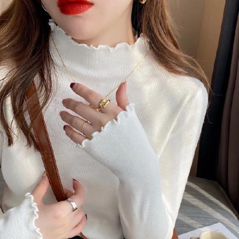 Women's Bottoming Shirt with Autumn and Winter Style New Style Half Turtleneck Sweater Knitted Top with Fungus Edge