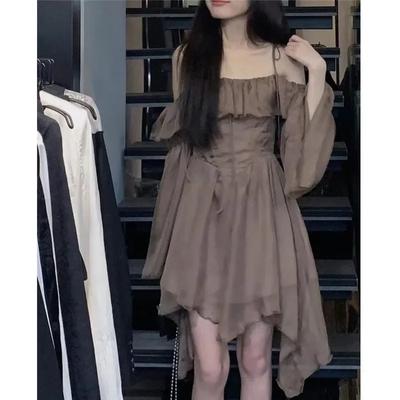 Vintage Y2k Lace Spaghetti Women's Dress Off Shoulder Long Sleeve Party Short Dresses Pleated Corset Korean Fashion