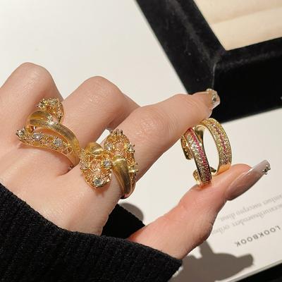 Medieval Brushed Retro Three-Dimensional Lace Hollow Open Ring Inlaid With Zircon Temperament Exquisite High-End Accessories