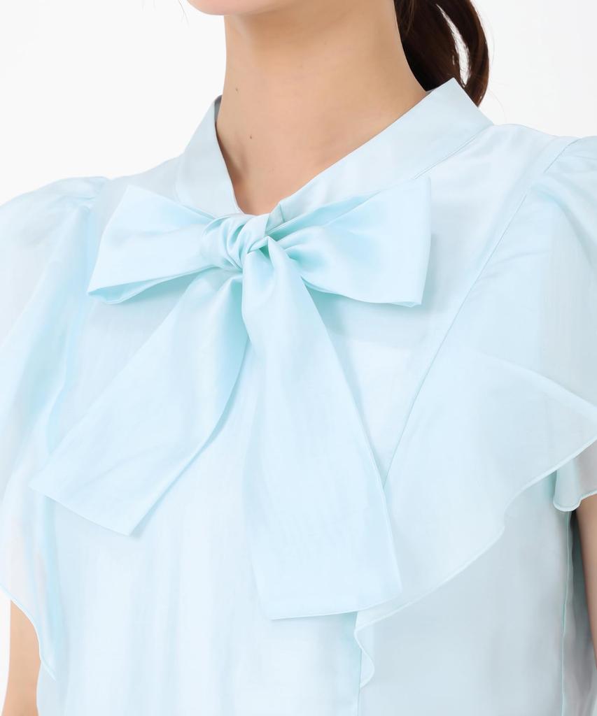 Mishmash Short Sleeve Blouse with Ruffles and Sheer Bow Blue Women's Tie,