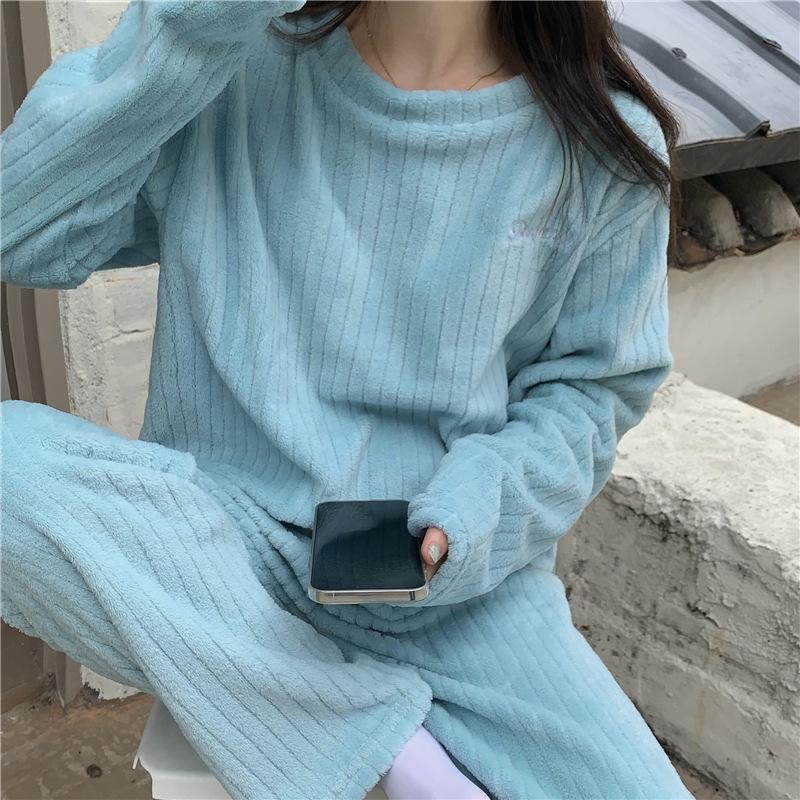 Damen Dickes Flanell Korallenfleece Pyjama Set - Niedlicher Langer Cardigan Homewear für Herbst und Winter