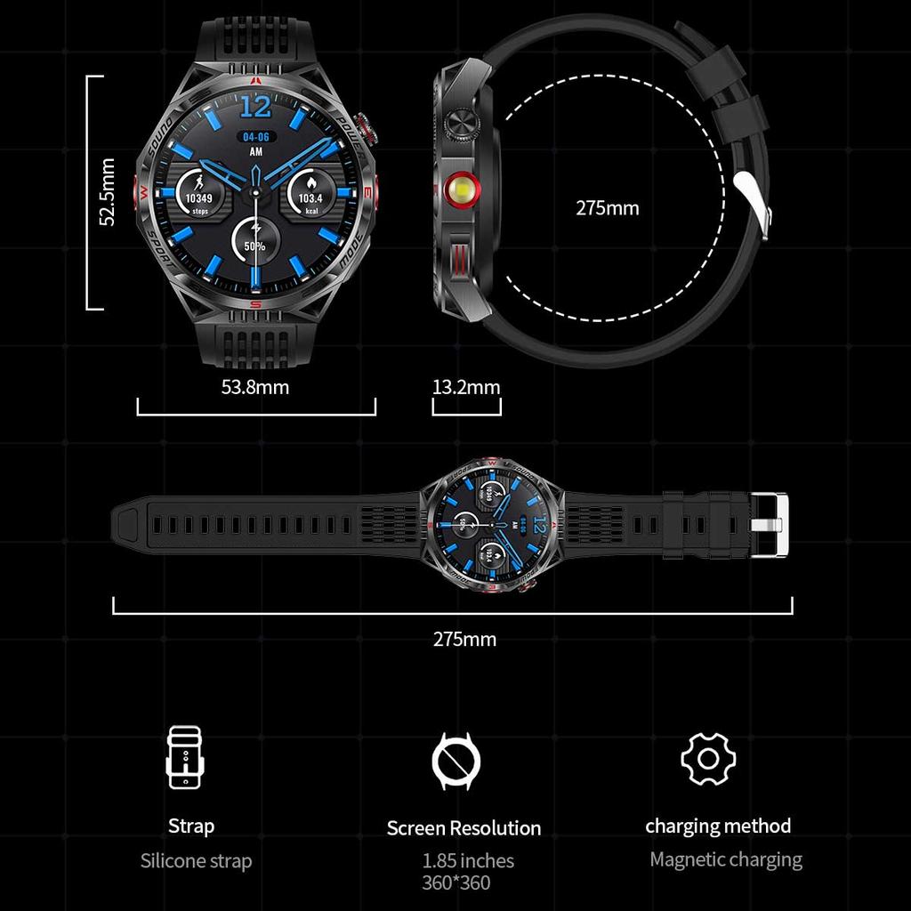 Outdoor Sport Kompass Smartwatch Herren Taschenlampe Laserlicht 450mAh Akku GPS Sport Track Wasserdicht Bluetooth Anruf Smartwatch