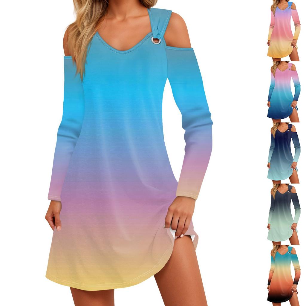 Women's And Winter Casual Fashion V-neck Long Sleeve Print Long Dress With Pocket
