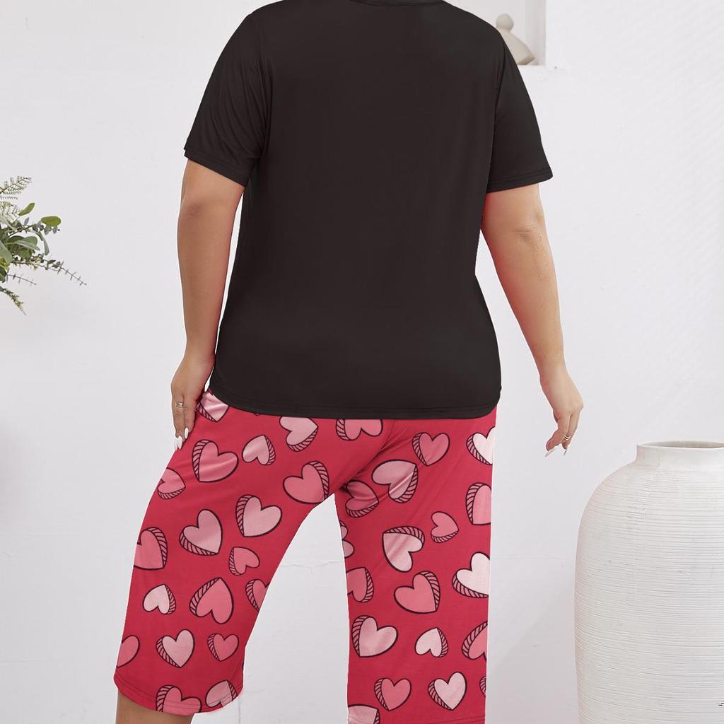 Summer Love Print Pajama Set: Short Sleeve Top & Seven-Point Pants, Plus Size
