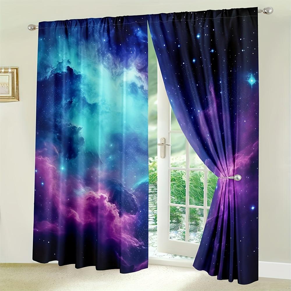 2 peças Cortinas Azul Roxo Galáxia Universo Fantasia Céu Estrelado Estrela Nebulosa Bolso para Varão Espaço Sideral Decoração de Quarto.