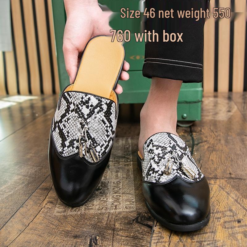 Men s Trendy British Tassel Slip-On Closed-Toe Leather Mules 44