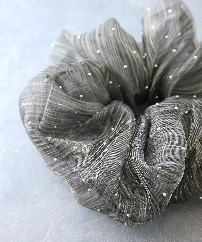 VINGTAINE Scrunchie, Organza, Gray, Studs, Stones, Volume, Gorgeous, Chic, Mature, HS-213