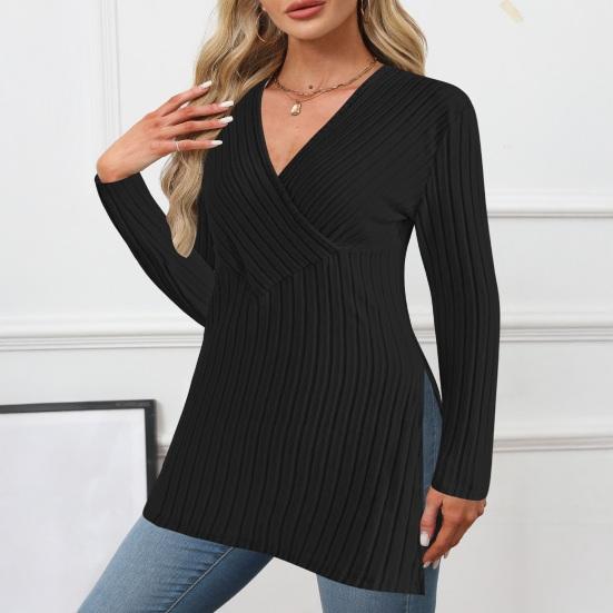 Women Tops V-Neck Long Sleeve Slim Fit Knitting Tops Solid Color Slim Fit Autumn Winter Blouse Versatile Daily Wear