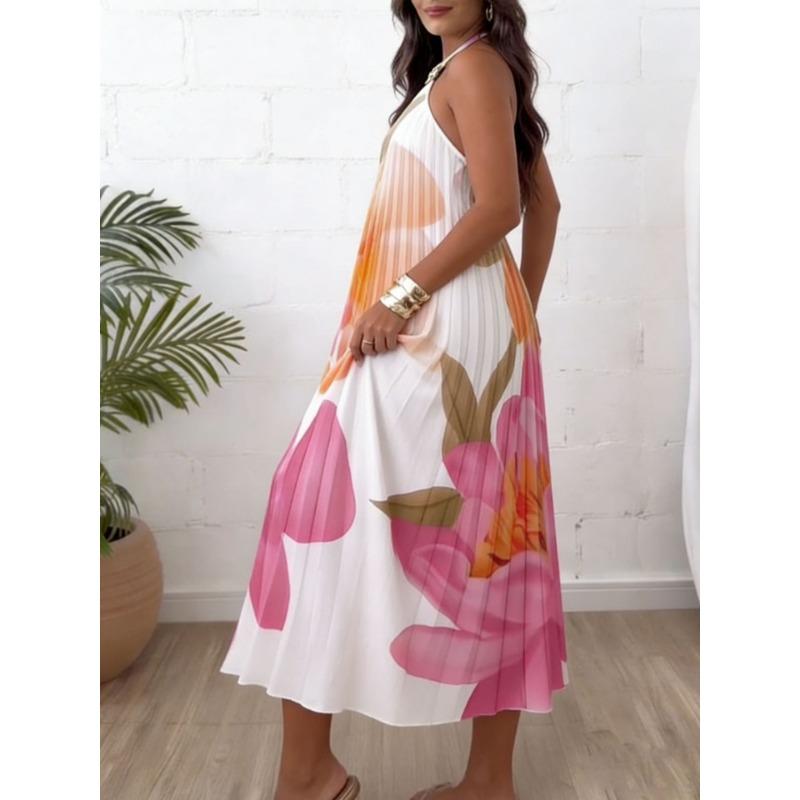 Womens Halter Neck Floral Printed Pleated Lace Up Vacation Long Dress