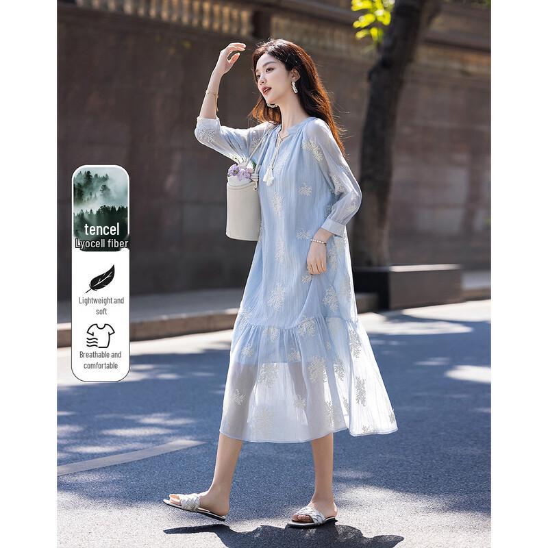 

Demana Lyocell Embroidered Tie-Neck Babydoll Dress L
