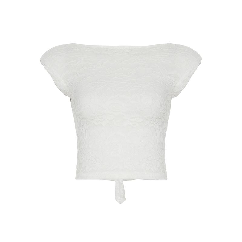 

H s European and American Women s Clothing Pure Desire Sweetheart Backless Bow Lace Short-Sleeved T-shirt See-through Sexy Tight Short Top White S