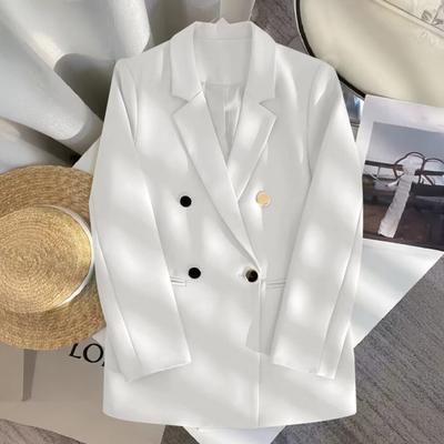 Women Suit Coat Lapel Long Sleeve Double-Breasted Casual Cardigan Jacket Versatile Solid Color
