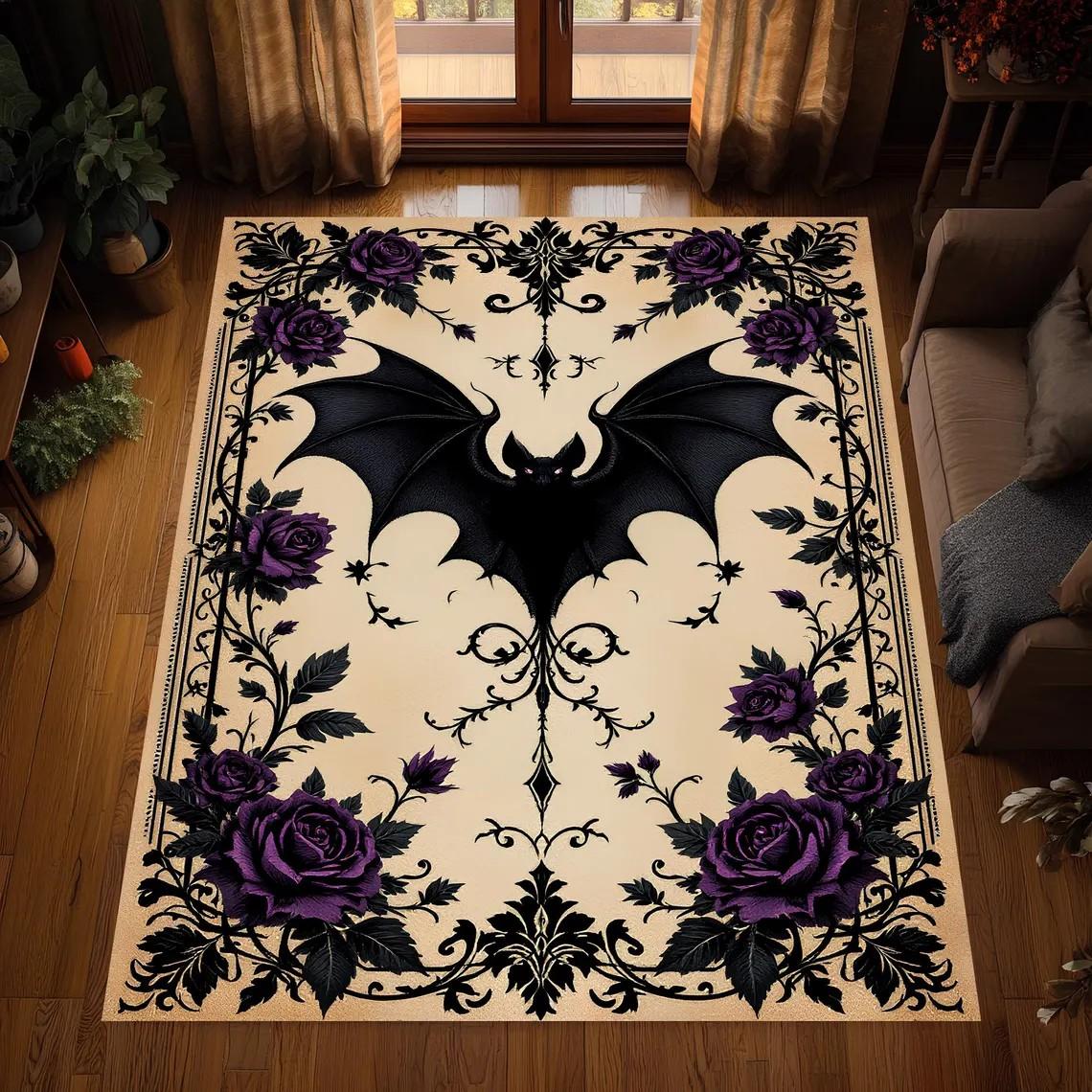 

Gothic Bat Rug, Floral Vampire Carpet, Black Purple Rose Living Room Rug, Area Rug, Washable Rug, Non Slip Floor Mat 50x80cm